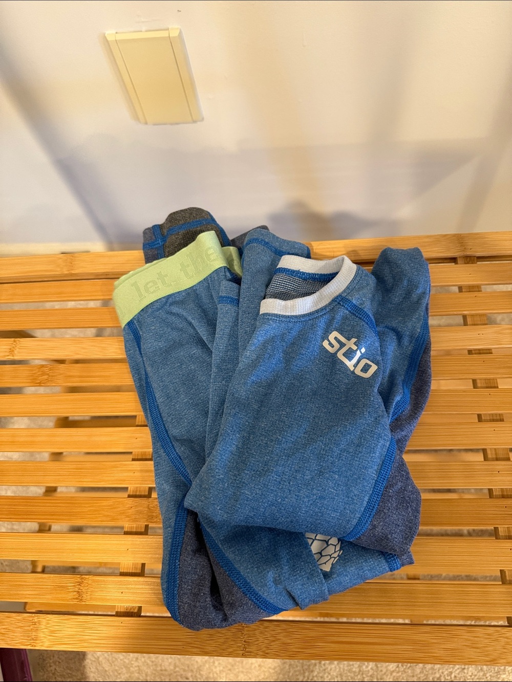 Stio Kids Blue Performance Leggings with Lime Waistband Trim